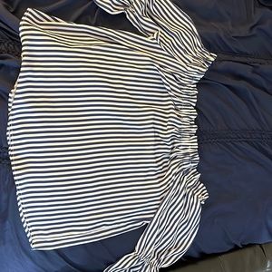 Off the shoulder navy and white striped ruffle sleeve blouse